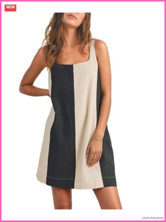 Dresses & Skirts - Sleeveless Color Block Linen Dress with A-Line Silhouette, Square Neck, Beach